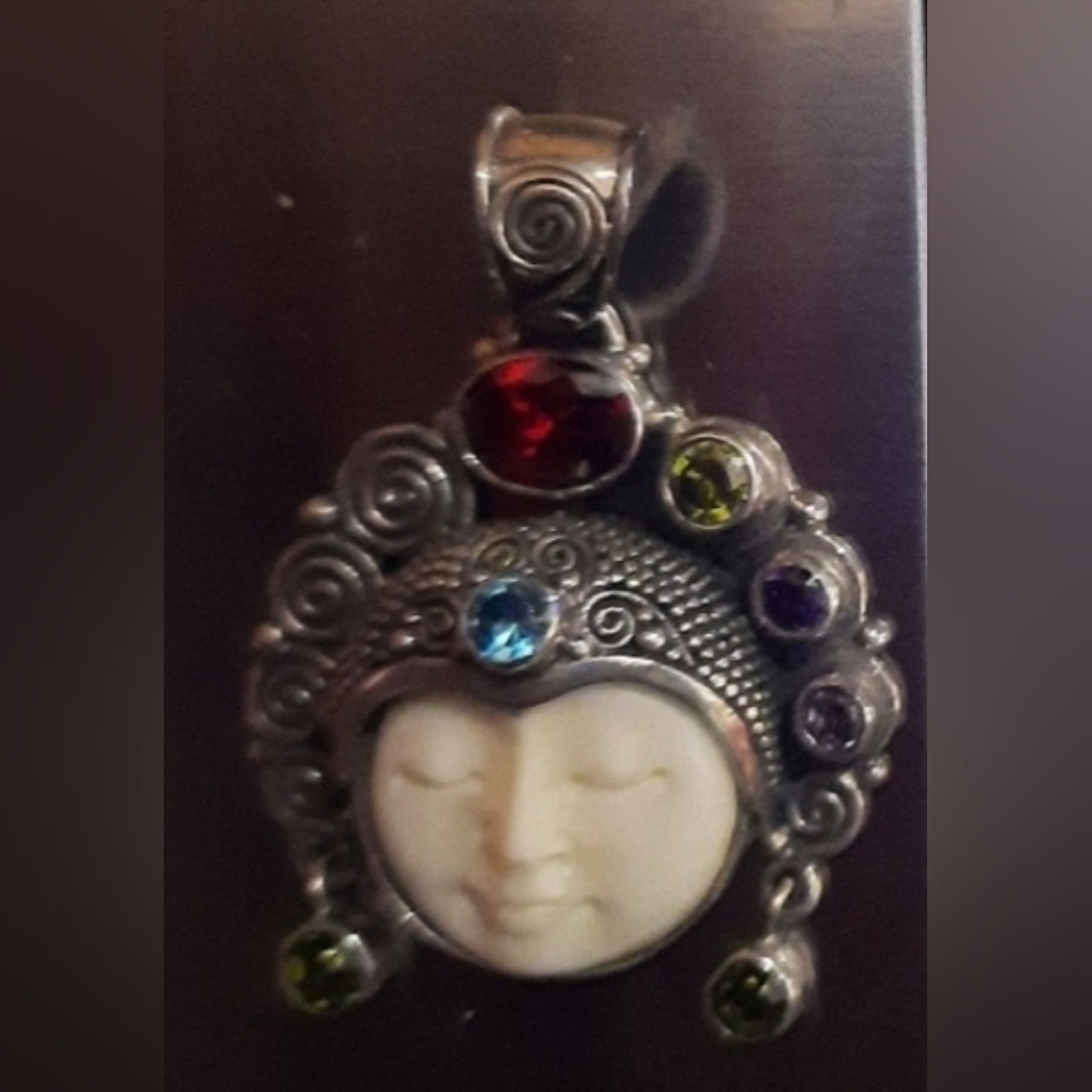 Bali Boneface goddess AMETHYST PERIDOT GARNET BLUE TOPAZ PENDANT STERLING SILVER